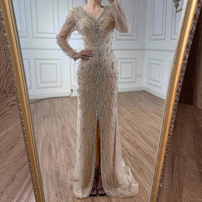 Luxury Turquoise Crystal Beaded Evening Dress Elegant Slit Gown LA73179