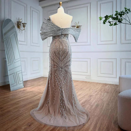 Luxury Silver Nude Off Shoulder Mermaid Evening Dress LA72878