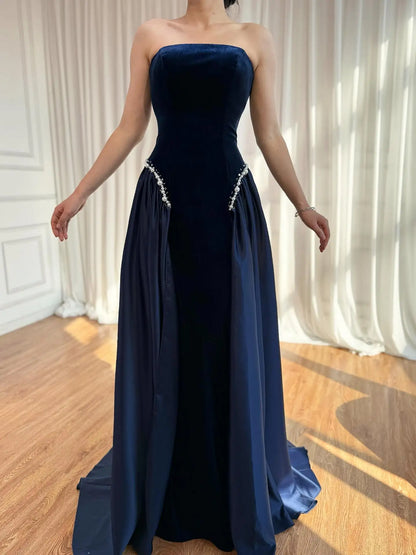 Luxury Navy Blue Mermaid Pearls Evening Dress Gowns With Skirt LA73351