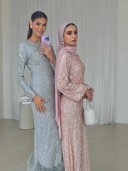 Luxury Pink Pearls Beaded Muslim Mermaid Evening Dress LA73417