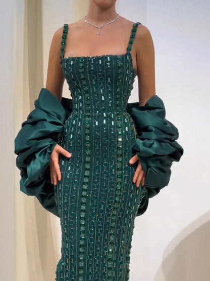 Luxury Kosovo Green Square Beaded Evening Dress with Cape LA73355
