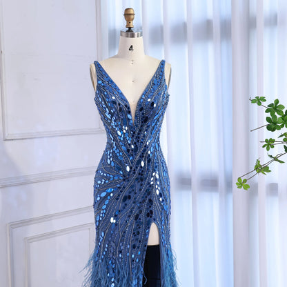 Luxury Blue Beaded Feather Mermaid Evening Dress LA73369