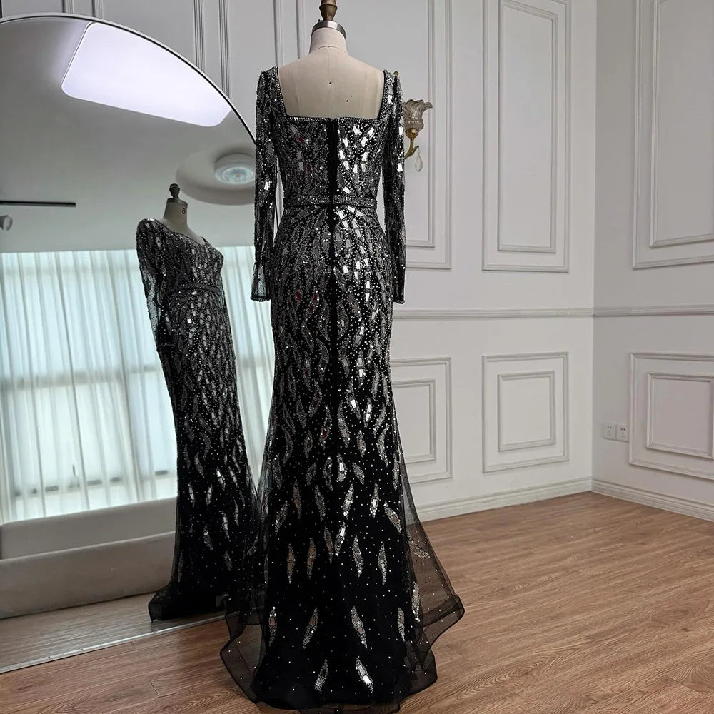 Luxury Black Silver Sequin Long Sleeve Mermaid Evening Dress LA73113
