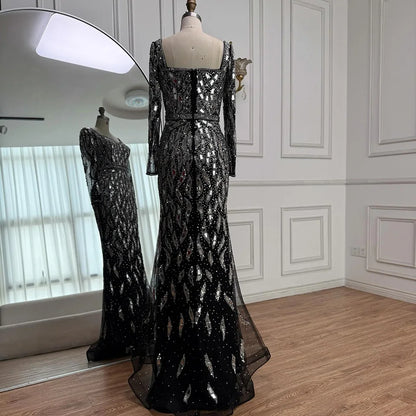 Luxury Black Silver Sequin Long Sleeve Mermaid Evening Dress LA73113