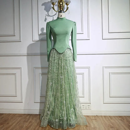 Luxury Sage Green Muslim Beaded Evening Dress LA72805A