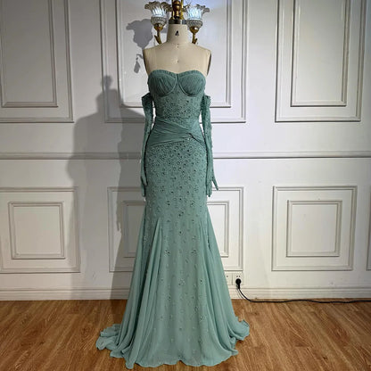 Luxury Turquoise Strapless Beaded Evening Dress with Gloves LA72933