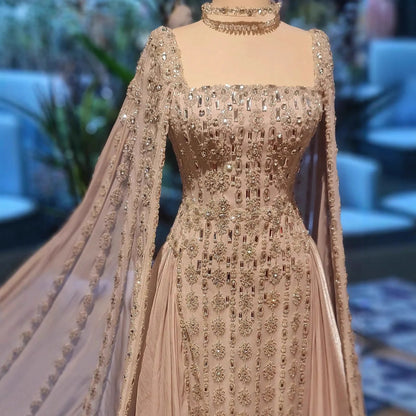 Luxury Silver Dubai Crystal Evening Dress with Cape LA73272