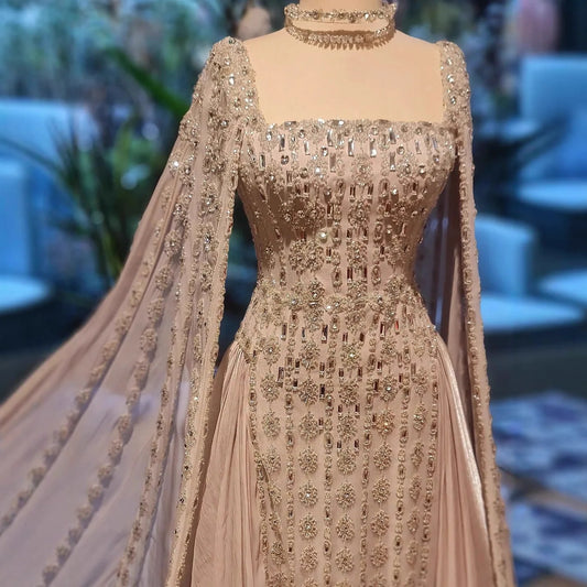 Luxury Silver Dubai Crystal Evening Dress with Cape LA73272