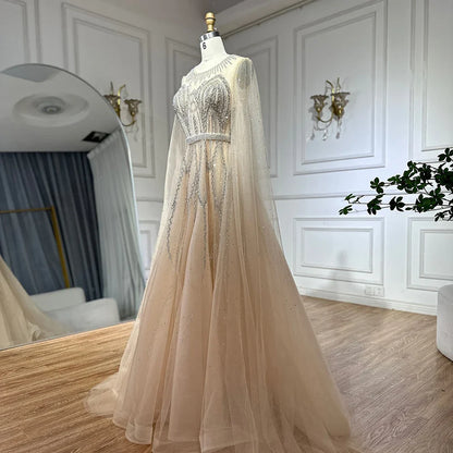 Luxury Dubai  Nude Blue Elegant A-Line Beaded Long Arabic Evening Dresses Gowns with Cape Sleeves for Formal Occasion LA72785