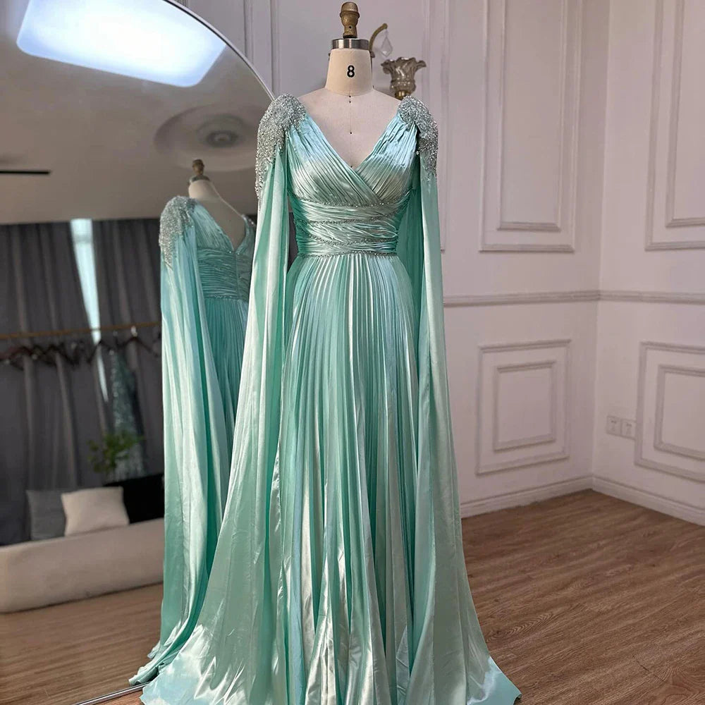 Rose Gold Beaded Satin A-Line Evening Dress with Cape Sleeves LA72663