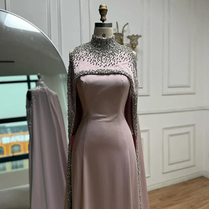 Elegant High Neck Evening Dress with Crystals and Long Cape LA73068