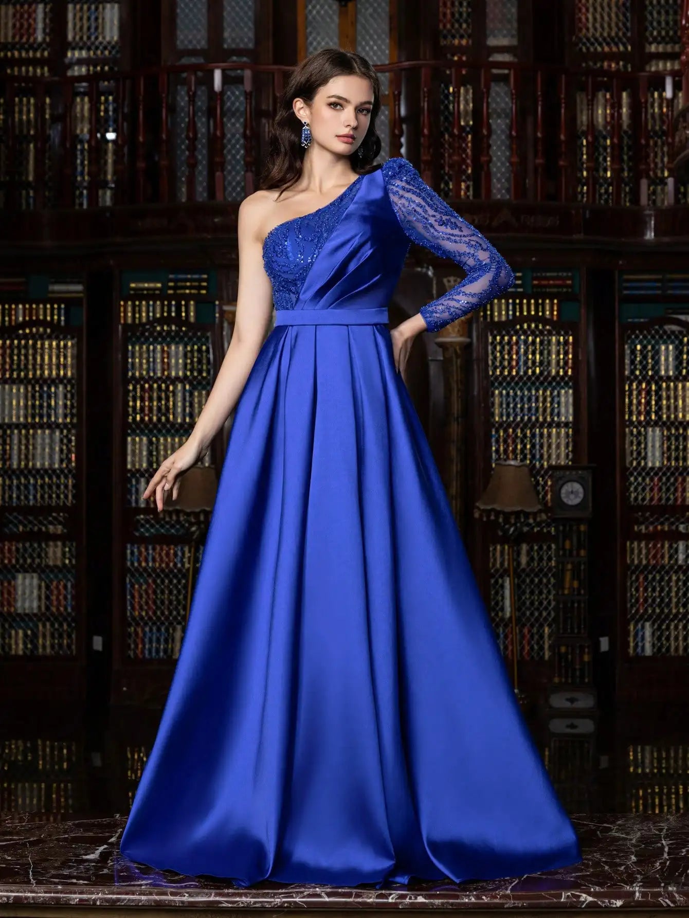 Satin Blue A-Line One-Shoulder Elegant Evening Dress LA73278