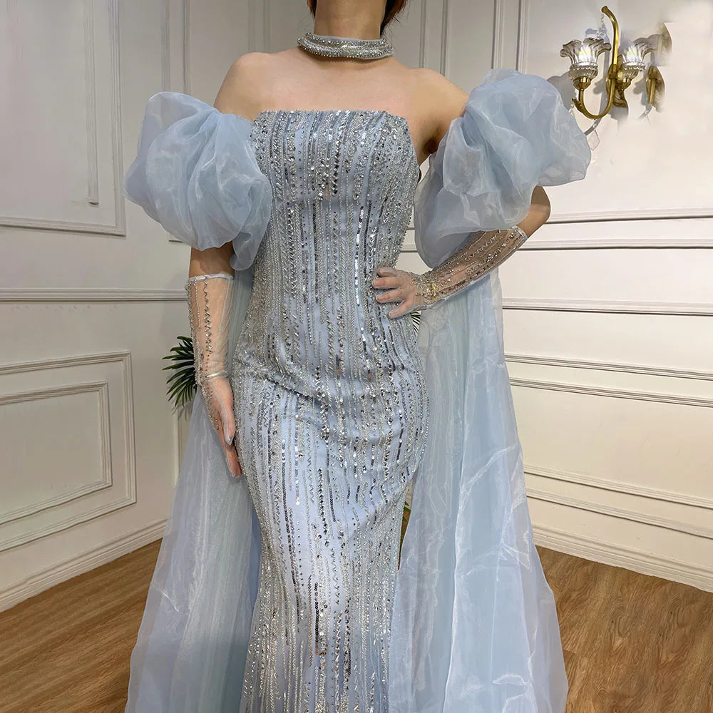 Luxury Dubai Arabic Blue Mermaid Balloon Sleeves Beaded Evening Dresses LA71823