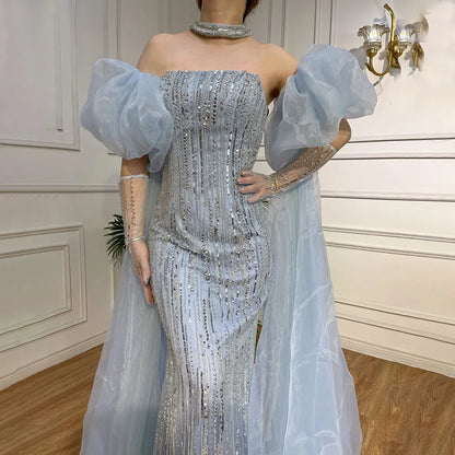 Luxury Dubai Arabic Blue Mermaid Balloon Sleeves Beaded Evening Dresses LA71823