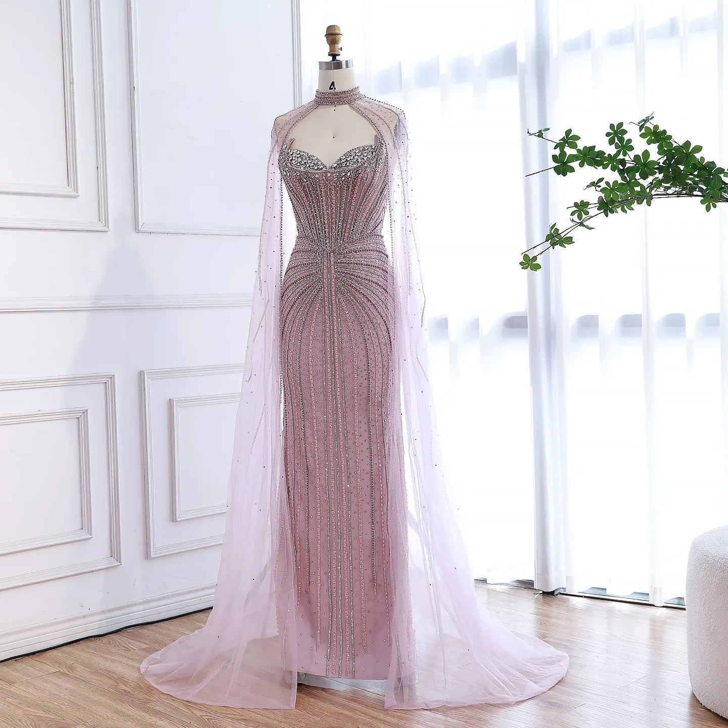 Luxury Dubai Caramel Beaded Evening Dress With Cape LA72811C