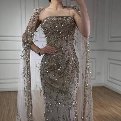 Luxury White Dubai Arabia Beading  Evening Dress With Cape LA72870