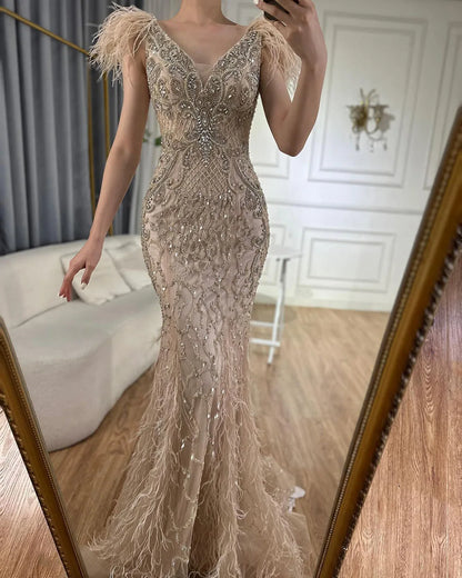 Serene Hill Champagne Mermaid Elegant Evening Dresses Diamond Feathers Sleeveless Formal Luxury Beaded  LA70350