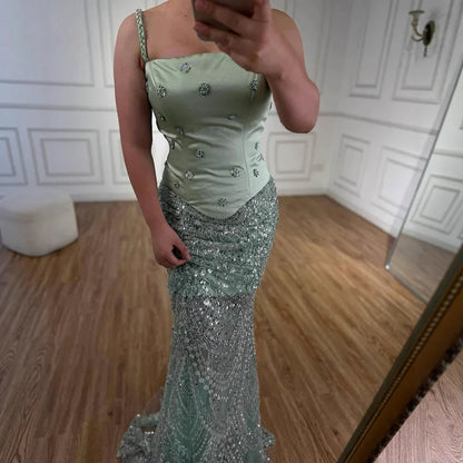 Luxury Sage Green Beaded 1 Pieces Evening Dress LA72977