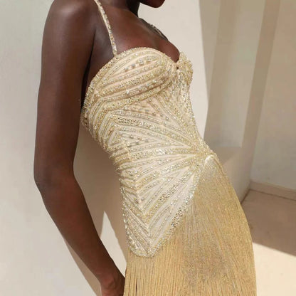 Luxury Arabic Gold Mermaid Beaded Tassel Evening Dress LA73446