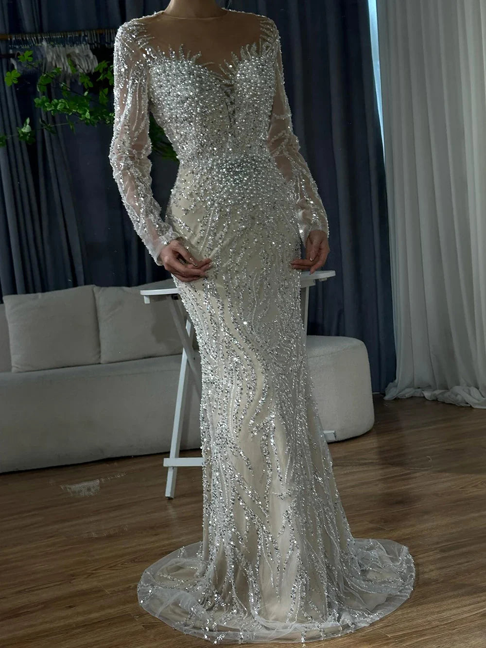 Luxury Dubai White Nude Mermaid Evening Dress With  Long Sleeve LA72634