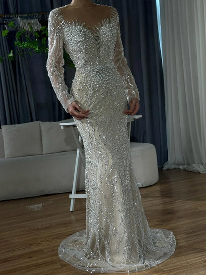 Luxury Dubai White Nude Mermaid Evening Dress With  Long Sleeve LA72634
