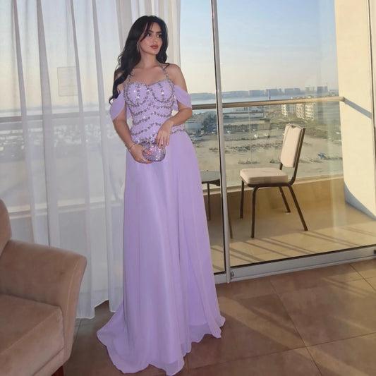 Luxury Arabic Lilac Chiffon Beaded A-Line Evening Dress LA73327
