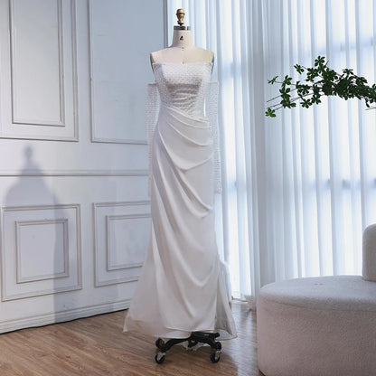 White   Beaded Evening Dress with Detachable Sleeves LA72293A