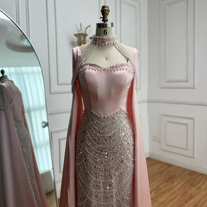 Luxury Arabic Pearls Pink Evening Dress with Cape LA73051