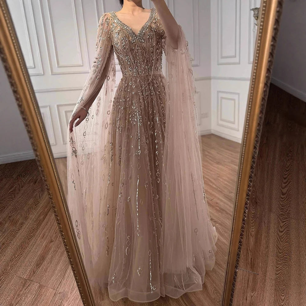 Luxury Nude Beaded Evening Dress with Cape Sleeves for Formal Occasion LA72764A