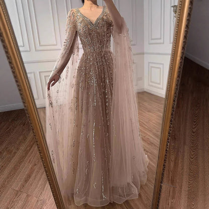 Luxury Nude Beaded Evening Dress with Cape Sleeves for Formal Occasion LA72764A