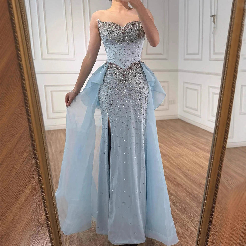 Luxury Blue Crystal Beaded Mermaid Evening Dress with Overskirt LA73145