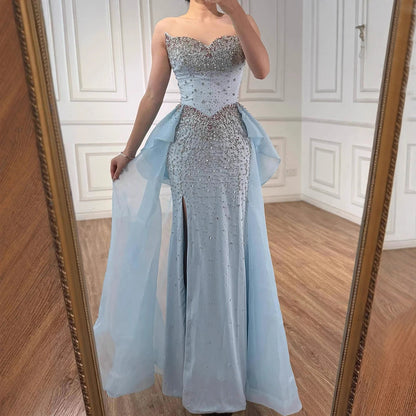 Luxury Blue Crystal Beaded Mermaid Evening Dress with Overskirt LA73145