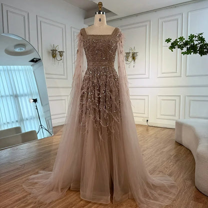 Elegant Blue Beaded Feather A-Line Evening Dress With Cape LA73043