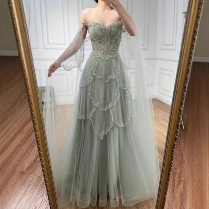 Luxury Arabic Sage Green Beaded A-Line Evening Dress with Cape LA72605A