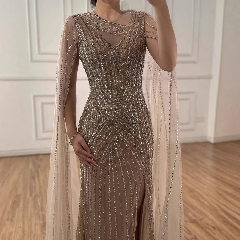 Luxury Nude Beaded Mermaid Evening Dress with Cape Sleeves LA71429B