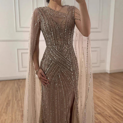 Luxury Nude Beaded Mermaid Evening Dress with Cape Sleeves LA71429B