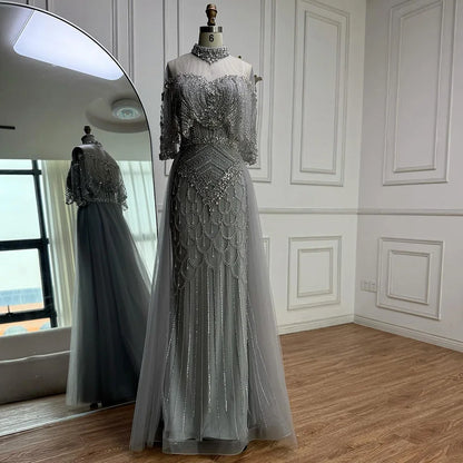 Luxury Gray Beaded Evening Dress with Overskirt LA73129