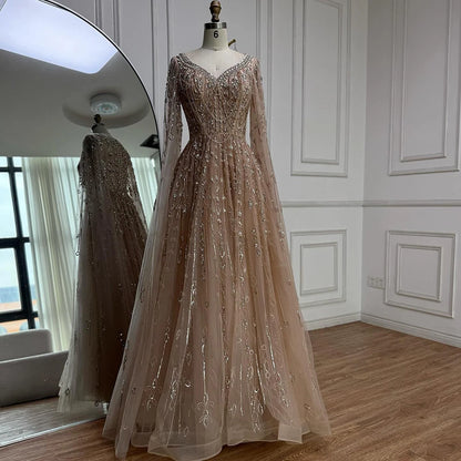 Luxury Nude Beaded Evening Dress with Cape Sleeves for Formal Occasion LA72764A