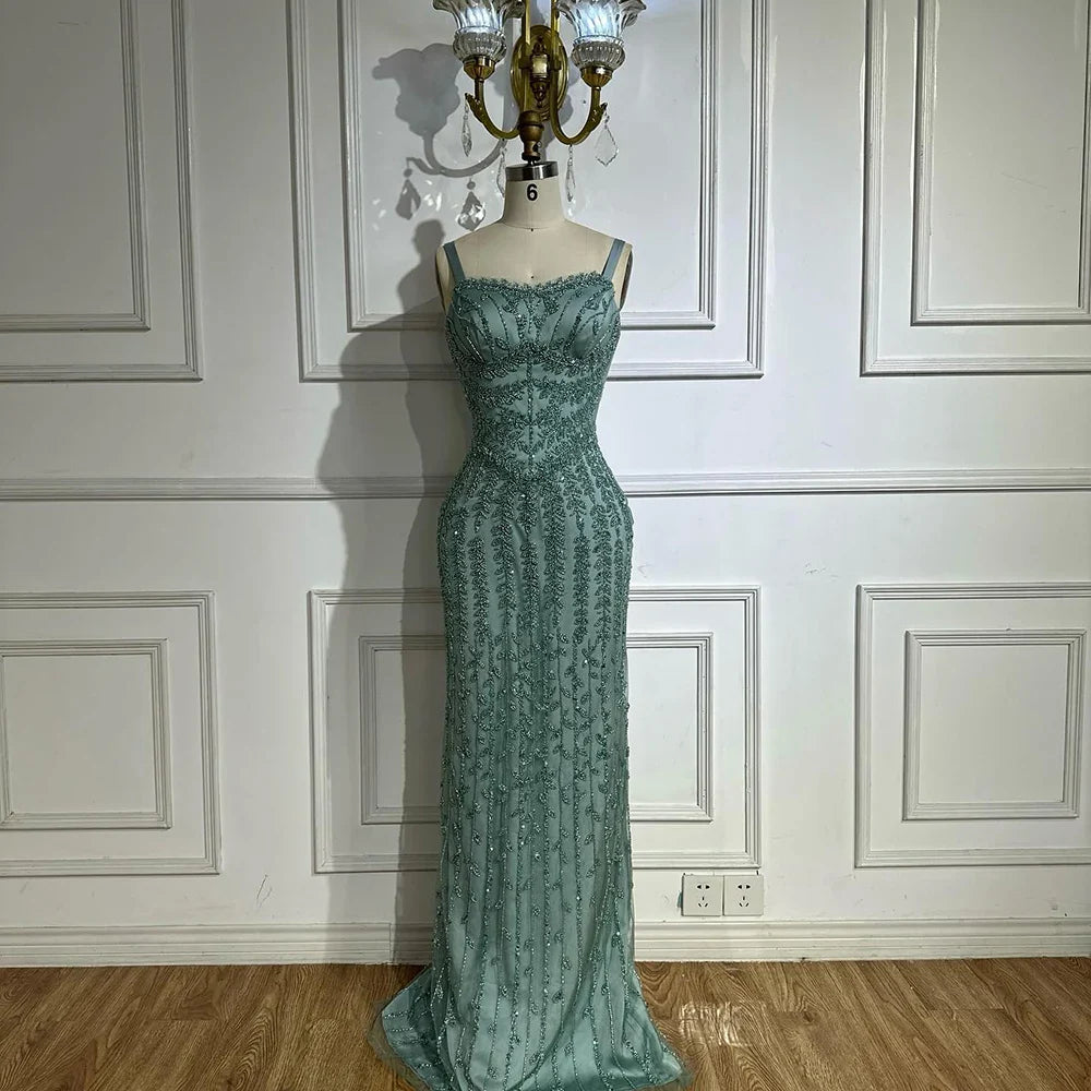 Luxury Arabic Blue Spaghetti Strap Mermaid Evening Dress Beaded LA72725