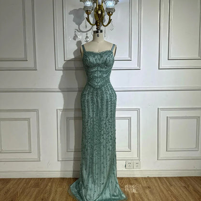 Luxury Arabic Blue Spaghetti Strap Mermaid Evening Dress Beaded LA72725