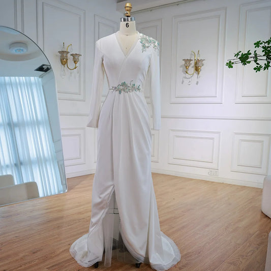 Elegant White Floral Beaded Evening Dress with Slit LA73030