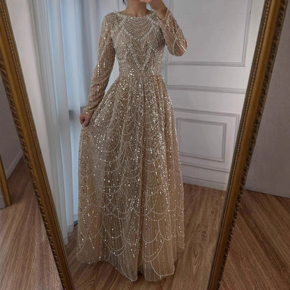 Luxury Olive Green Beaded A-Line Modest Evening Dress LA72738B