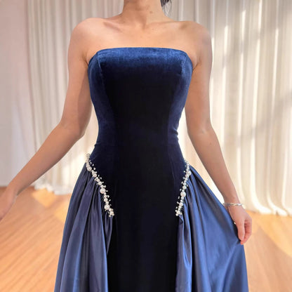 Luxury Navy Blue Mermaid Pearls Evening Dress Gowns With Skirt LA73351
