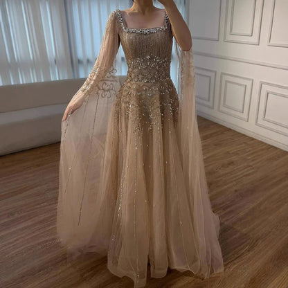 Luxury Caramel A-Line Beaded Evening Dress with Cape Sleeves LA73089A