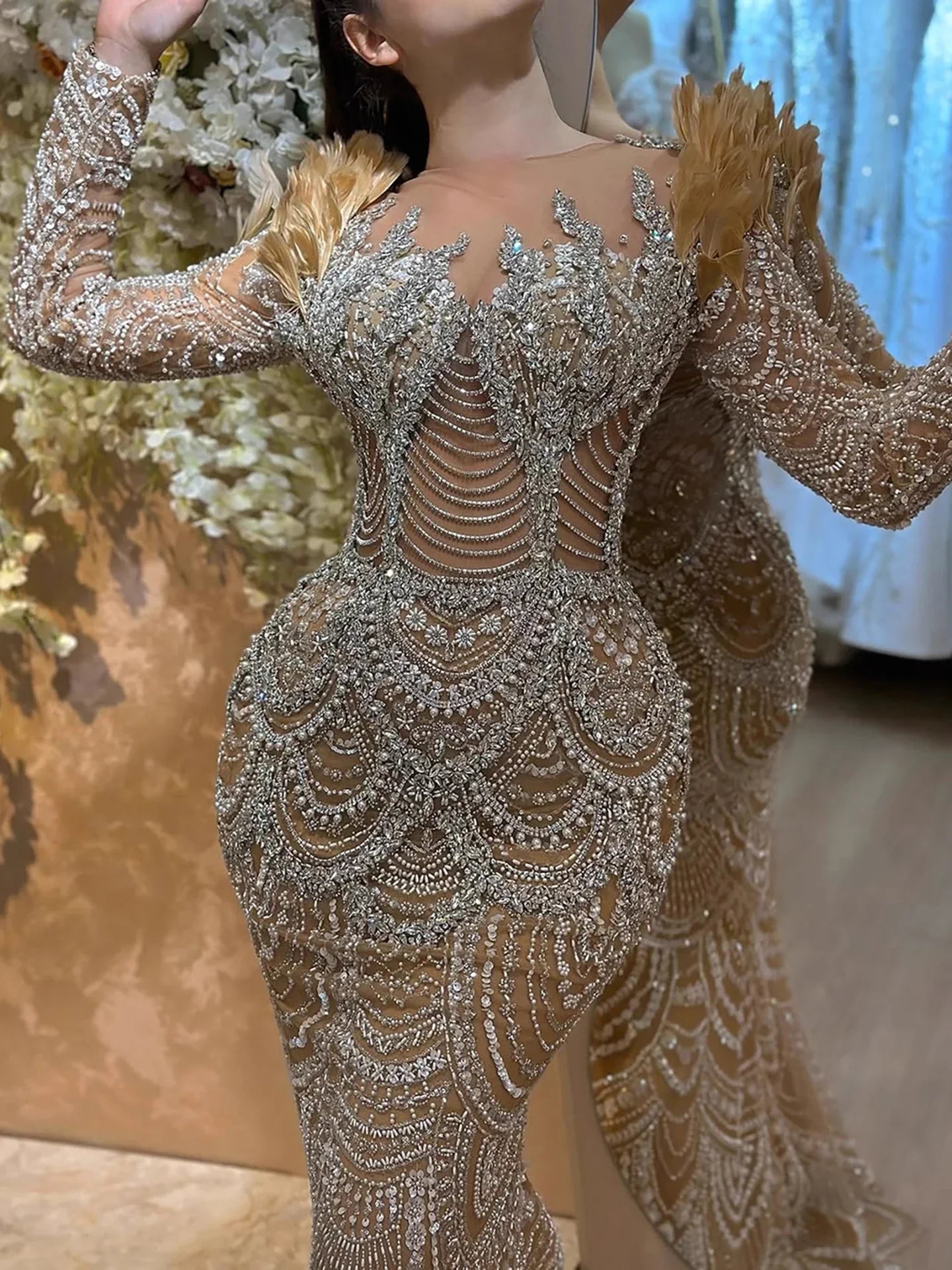Luxury Nude Beaded Feather Long Sleeve Mermaid Evening Dress LA73348