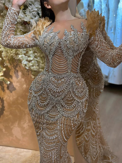 Luxury Nude Beaded Feather Long Sleeve Mermaid Evening Dress LA73348