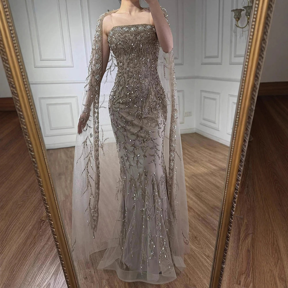 Luxury White Dubai Arabia Beading  Evening Dress With Cape LA72870