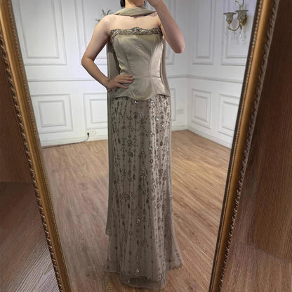 Luxury Caramel Satin Beaded Evening Dress with Corset Bodice LA72805C