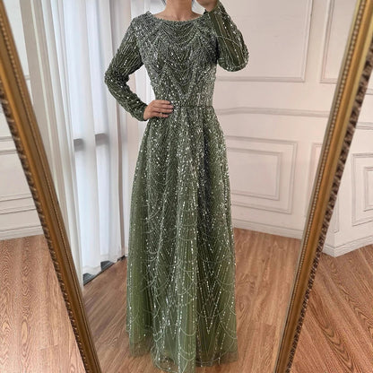 Luxuriöses, olivgrünes, perlenbesetztes A-Linien-Abendkleid LA72738B