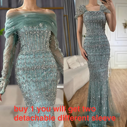 Luxury White Mermaid Beaded Evening Dress with Short Sleeves LA72714